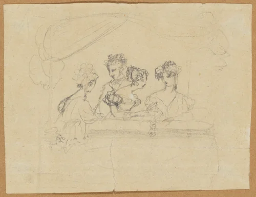 Three Ladies and a Gentleman in a Theater Box by anonymous, drawing, 1823-1833