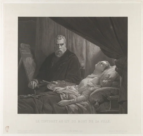 Tintoretto at His Daughter's Deathbed by Achille Martinet, print, 1843-1877