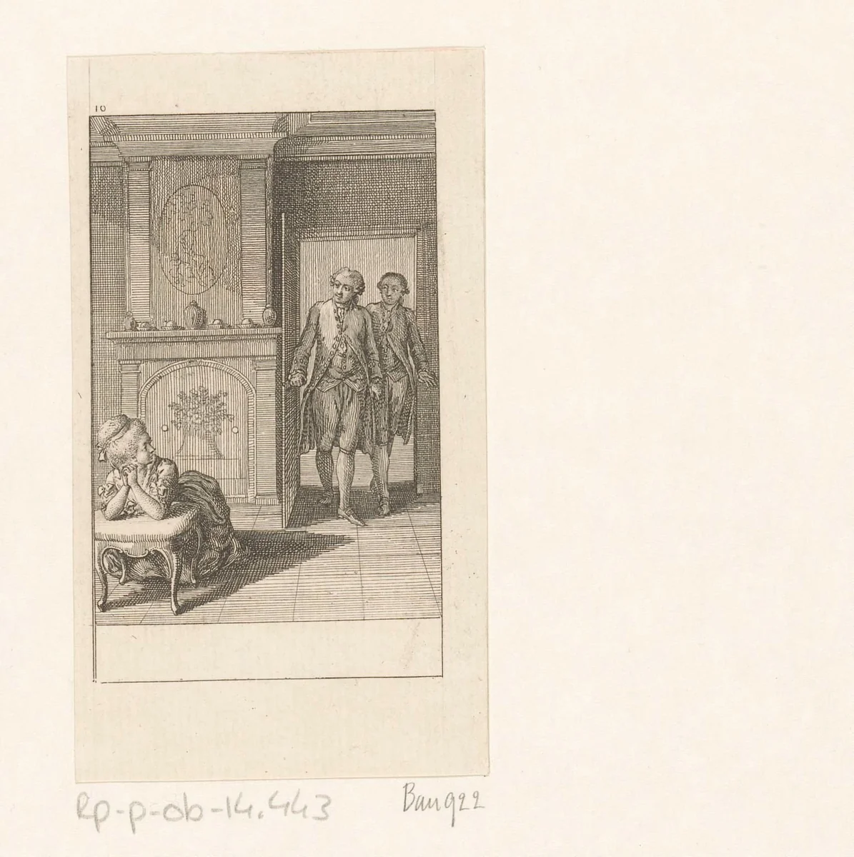 St. Preux en heer Wolmar komen binnen en zien Julie bidden by Daniel Nikolaus Chodowiecki, print, 1782