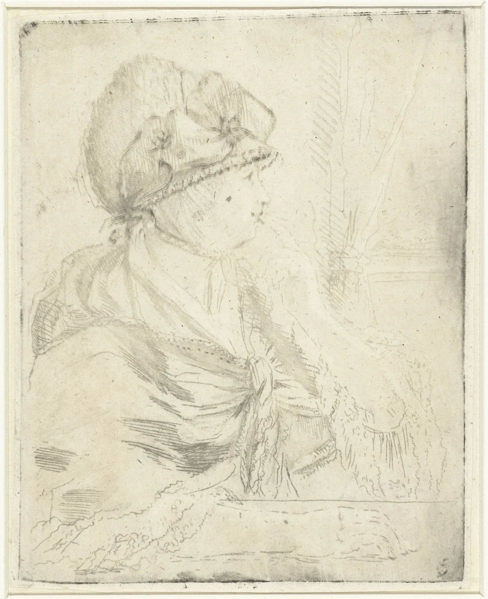 Portret van een vrouw, zittend bij het raam, de vinger aan de lippen by Louis Bernard Coclers, print, 1756-1817
