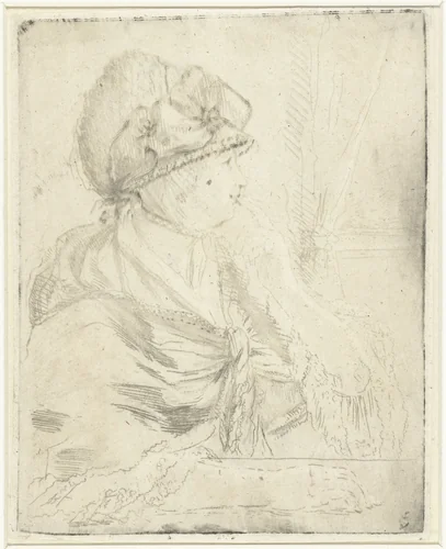 Portret van een vrouw, zittend bij het raam, de vinger aan de lippen by Louis Bernard Coclers, print, 1756-1817