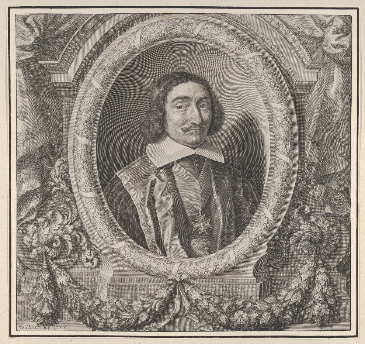 Portrait of a Male Figure Wearing a Maltese Cross by Grégoire Huret, print, 1720-1760