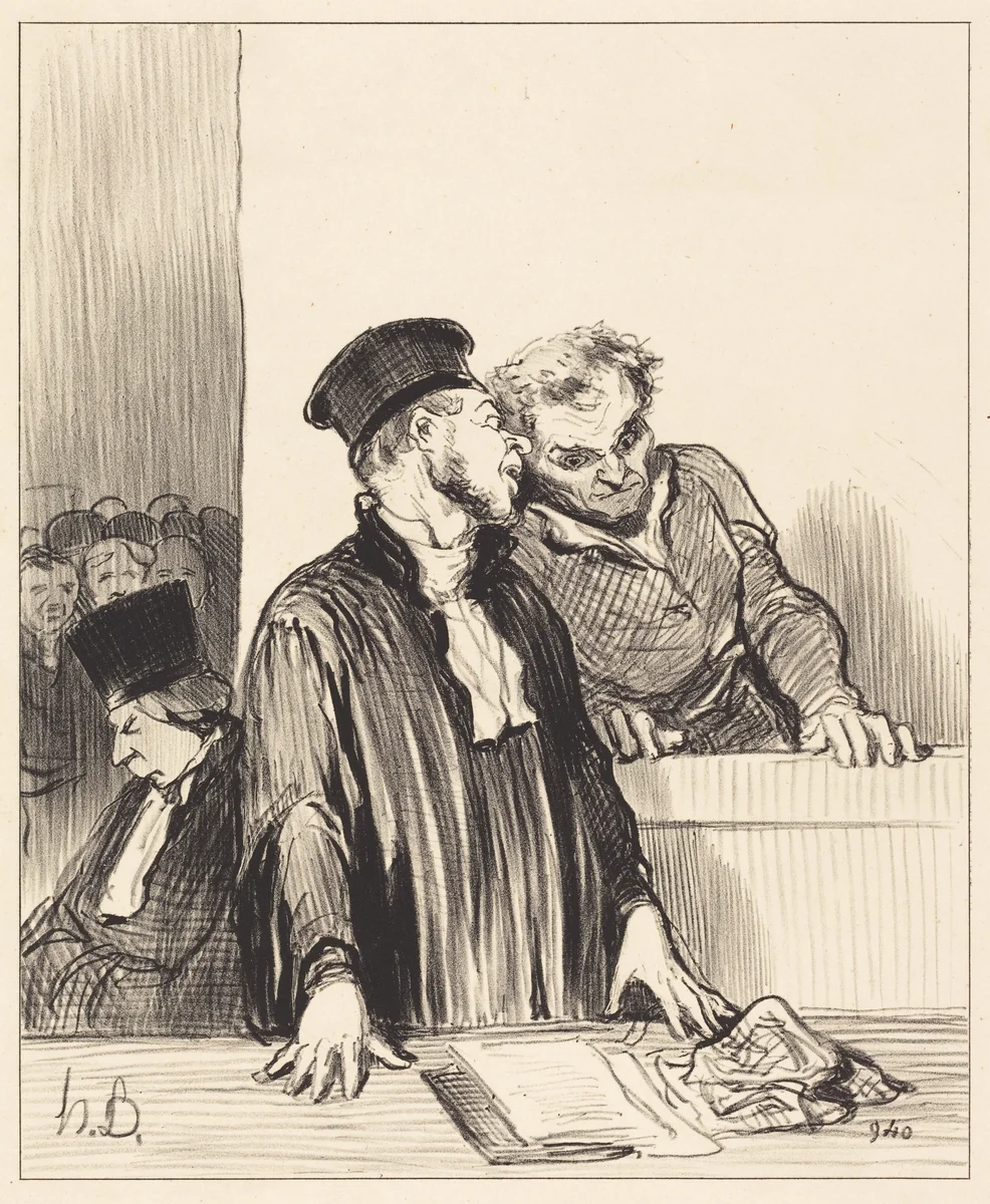 Voila le ministère public qui vous dit des choses... désagréables... by Honoré Daumier, print, 1846