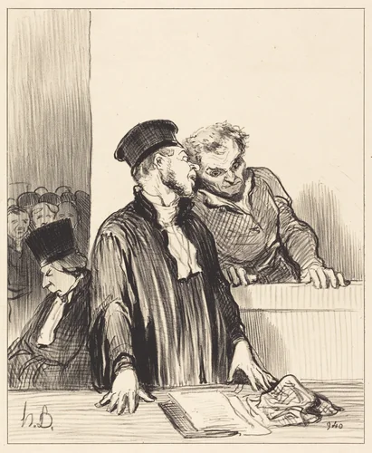 Voila le ministère public qui vous dit des choses... désagréables... by Honoré Daumier, print, 1846
