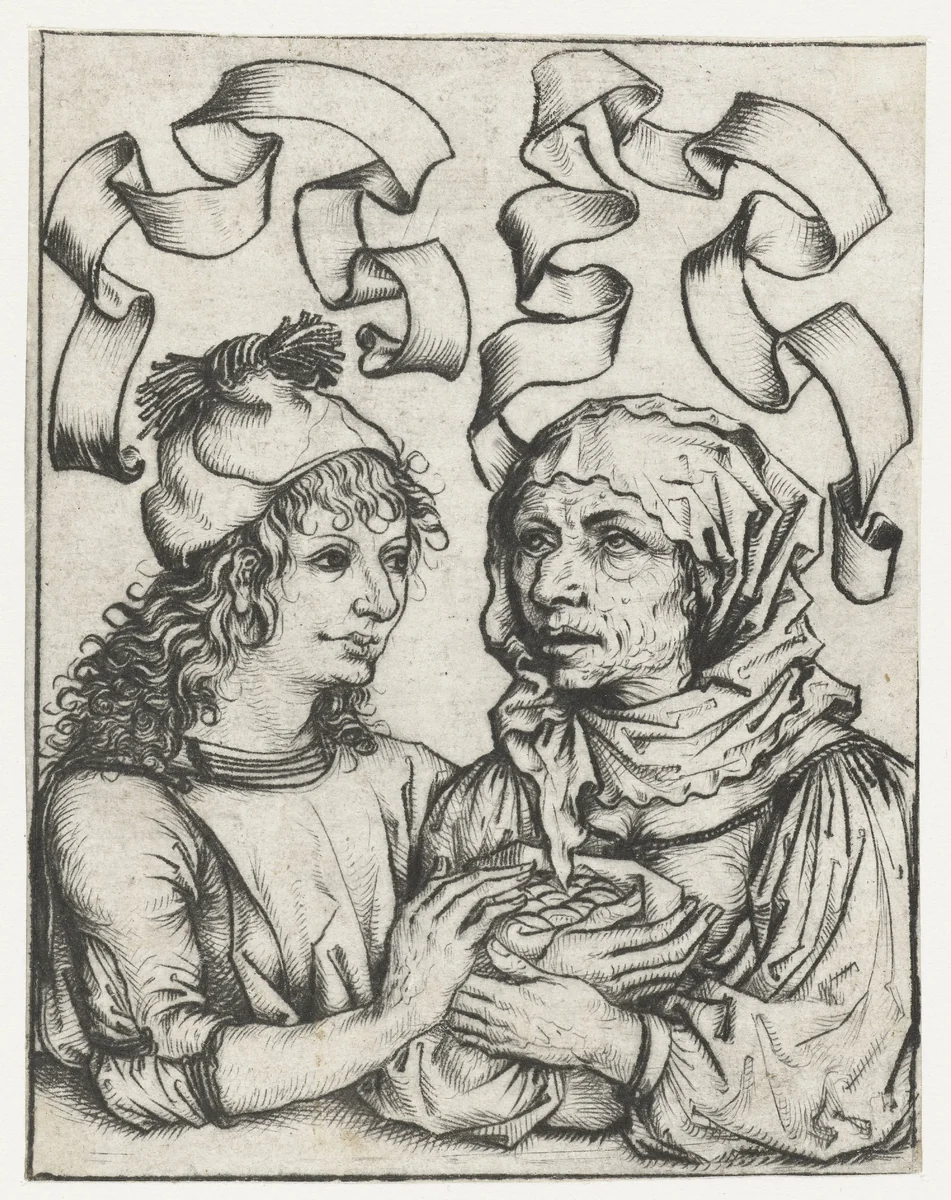 Jongeman en oude vrouw by Meester van het Amsterdamse Kabinet, print, 1475-1480