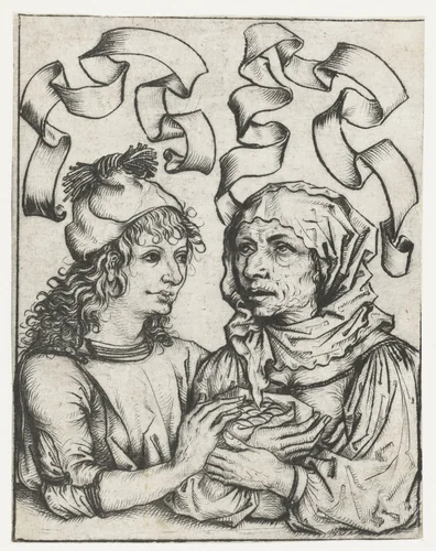 Jongeman en oude vrouw by Meester van het Amsterdamse Kabinet, print, 1475-1480