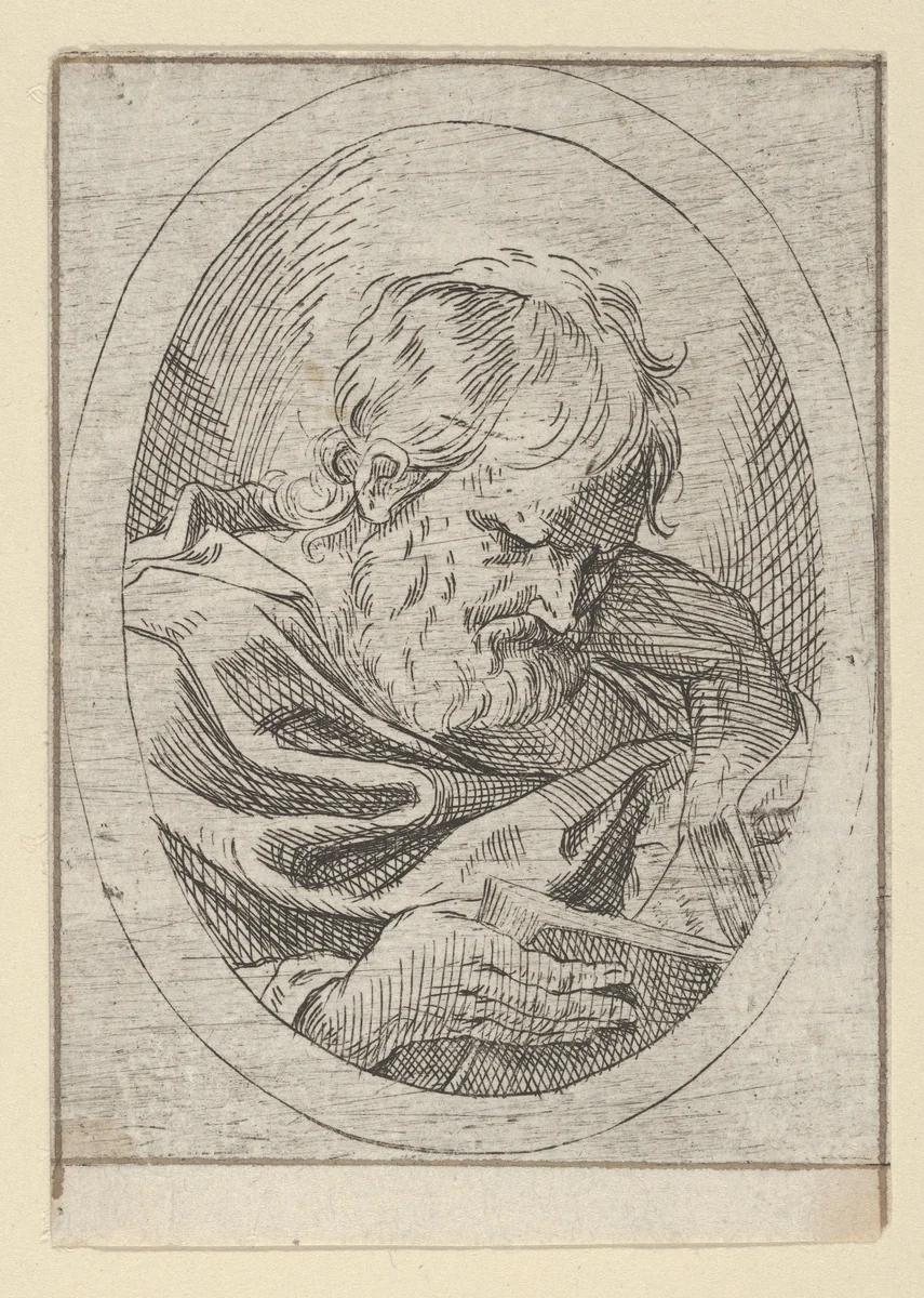 An apostle resting his head on his left hand and reading a book, in an oval frame, from "Christ, the Virgin, and Thirteen Apostles" by anonymous, print, 1600-1640