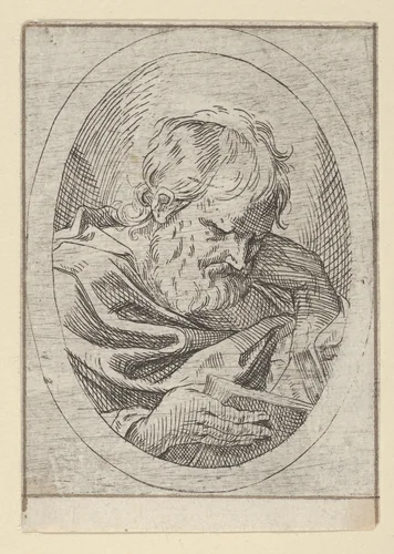 An apostle resting his head on his left hand and reading a book, in an oval frame, from "Christ, the Virgin, and Thirteen Apostles" by anonymous, print, 1600-1640