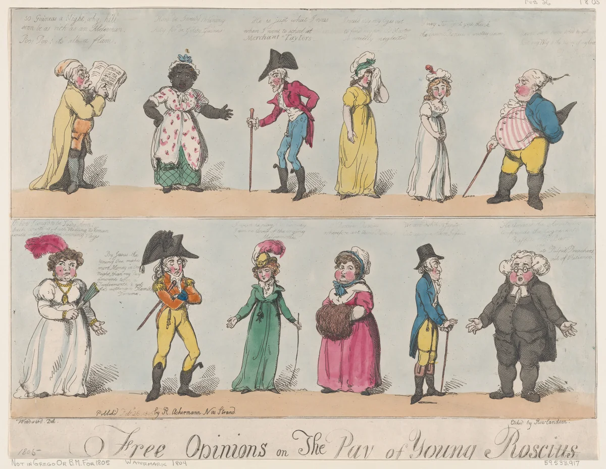 Free Opinions on The Pay of Young Roscius by Thomas Rowlandson, print, 1805