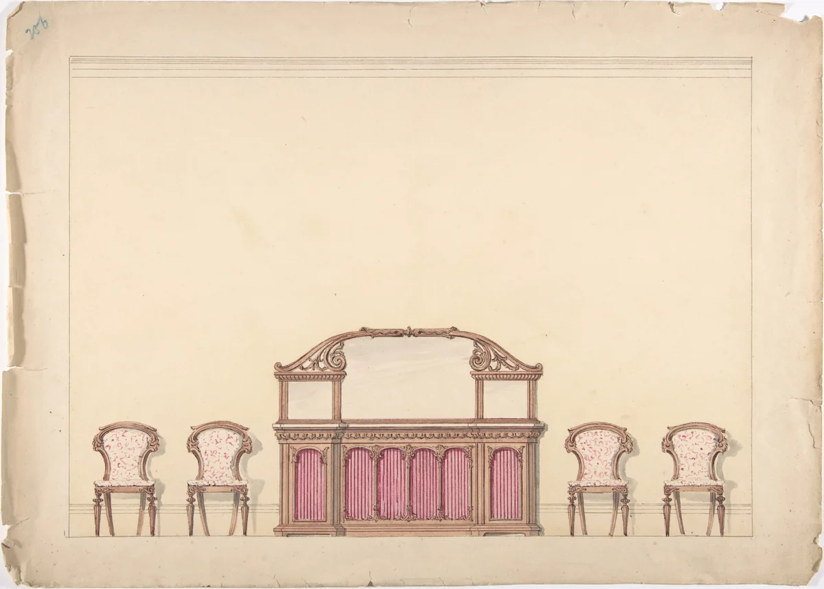 Design for a Mirrored Cabinet and Four Chairs by anonymous, drawing, 1800-1850