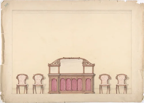 Design for a Mirrored Cabinet and Four Chairs by anonymous, drawing, 1800-1850