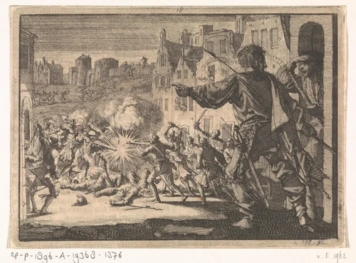 Straatgevechten in Genève ter verdediging tegen een aanval van Karel Emanuel, hertog van Savoye, 1602 by Jan Luyken, print, 1698