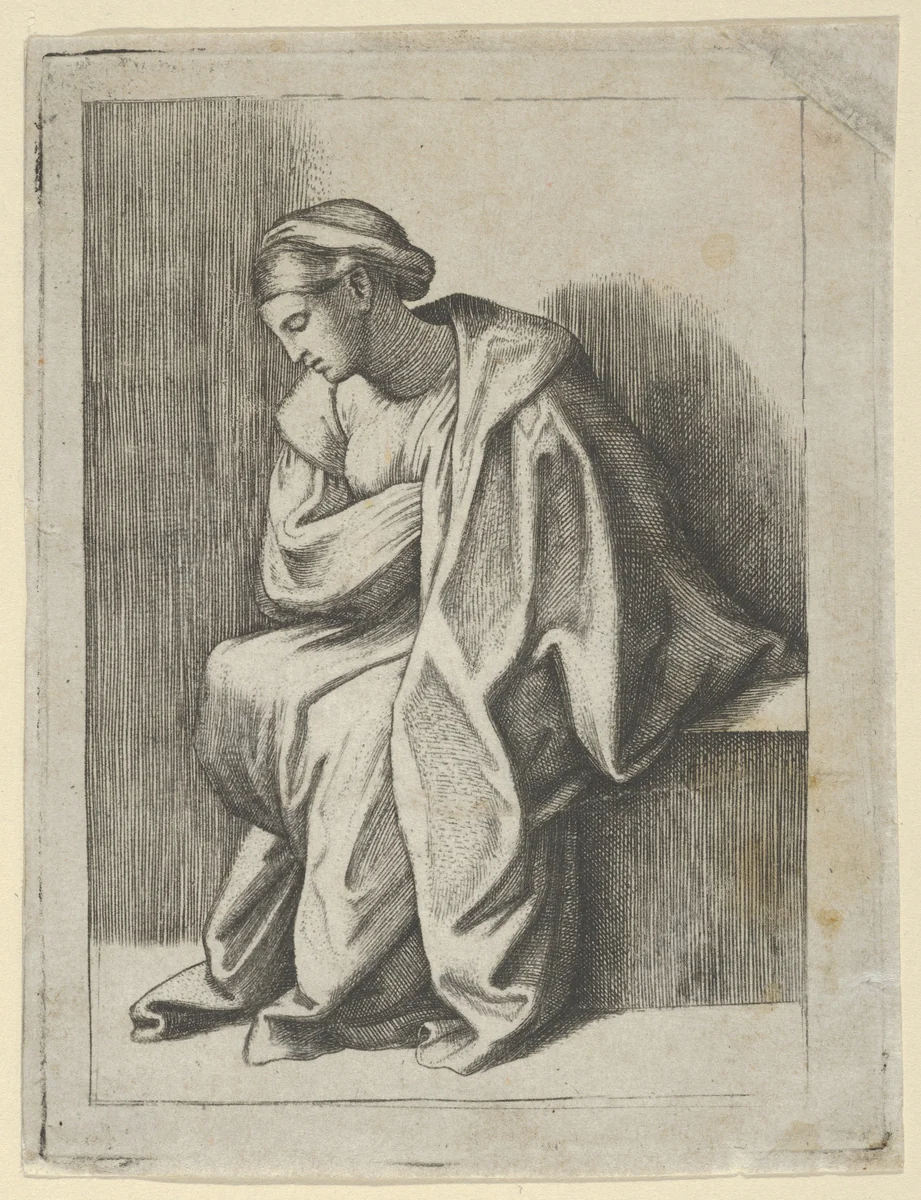 Woman sitting with her head turned downwards to her right and eyes closed by anonymous, print, 1500-1600