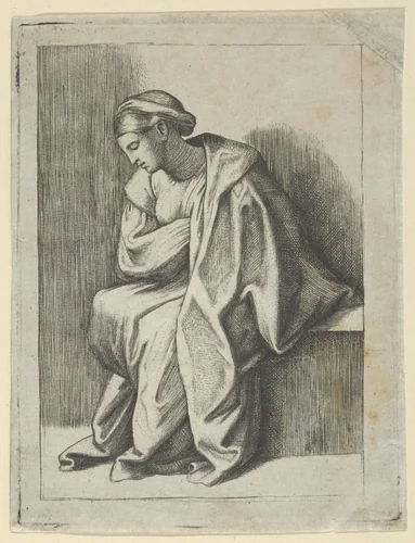 Woman sitting with her head turned downwards to her right and eyes closed by anonymous, print, 1500-1600