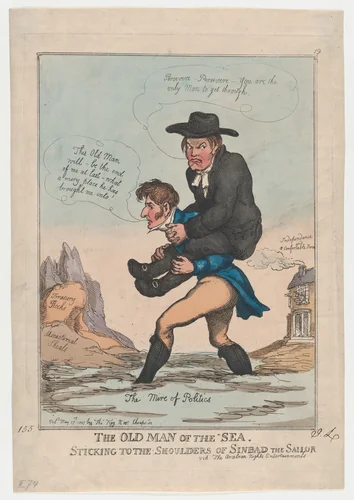 The Old Man of the Sea, Sticking to the Shoulders of Sinbad the Sailor by Thomas Rowlandson, print, 1807