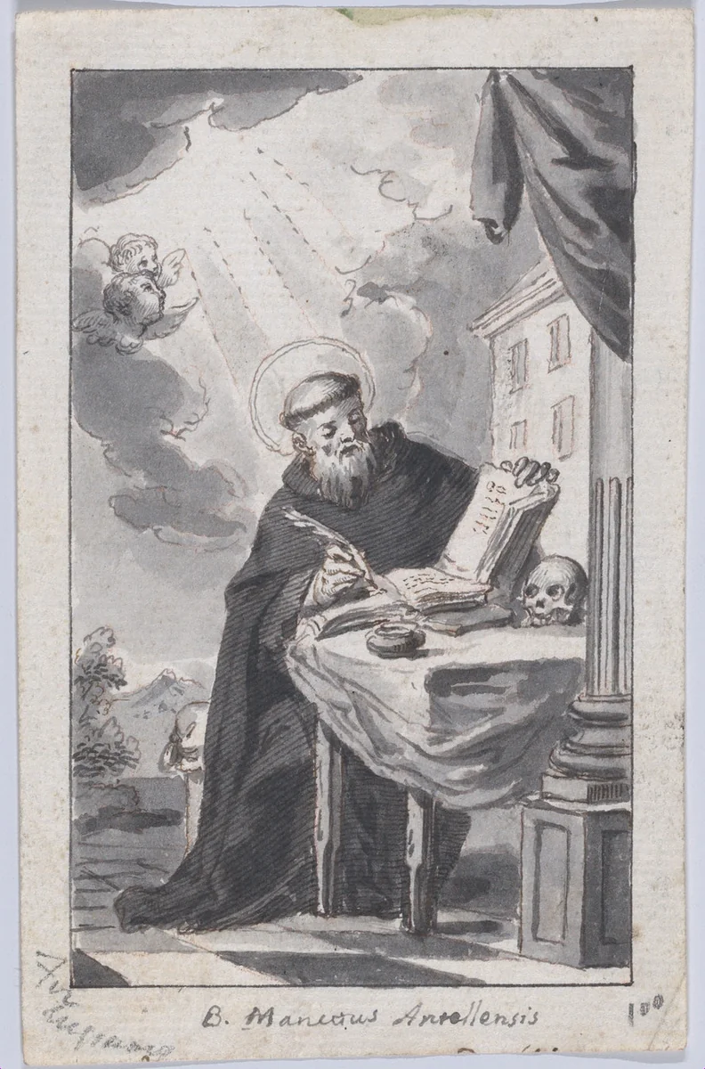 Saint Benedetto dell’Antella seated and writing in a book by anonymous, drawing, 1845-1895