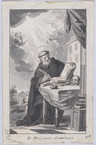 Saint Benedetto dell’Antella seated and writing in a book by anonymous, drawing, 1845-1895