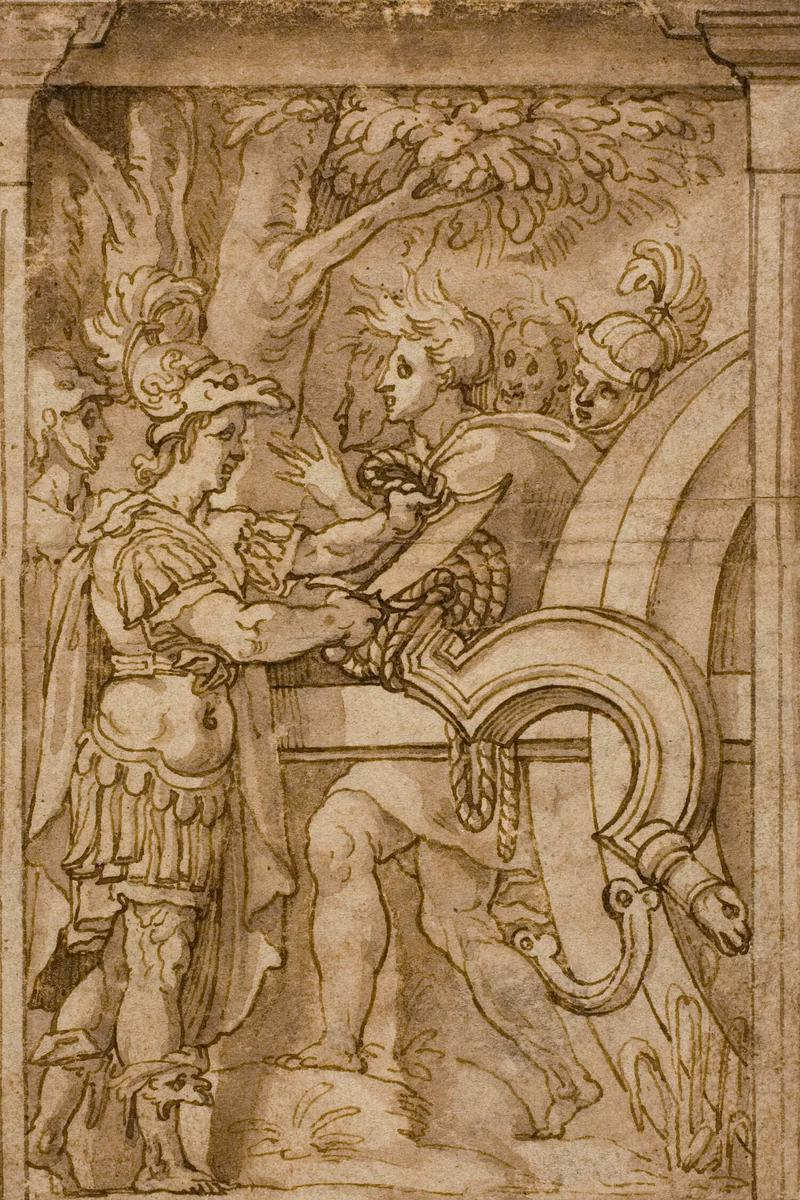 Alexander Cutting the Gordian Knot by Polidoro da Caravaggio, drawing, 1510-1527