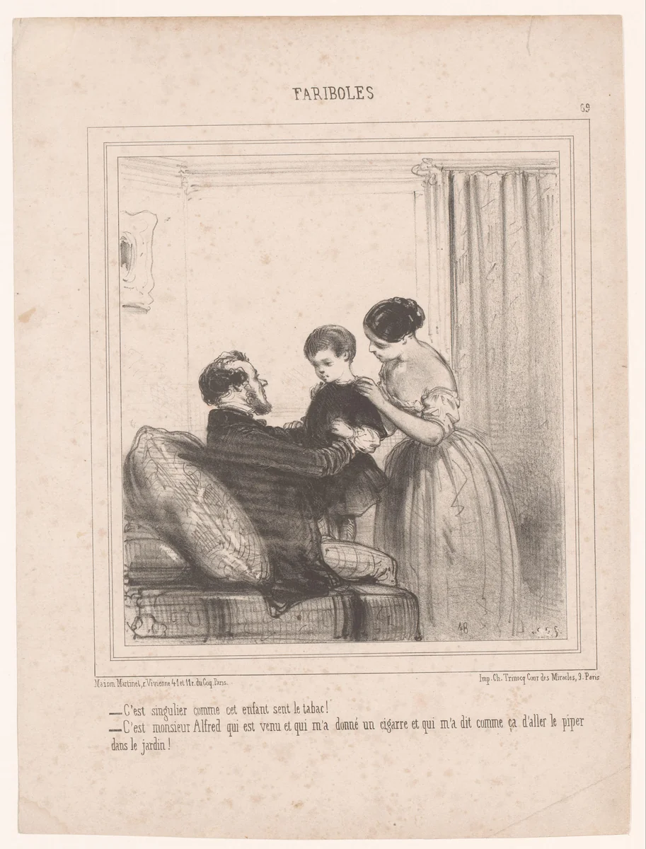 Twee ouders met een kind dat naar tabak ruikt by Edouard de Beaumont, print, 1852