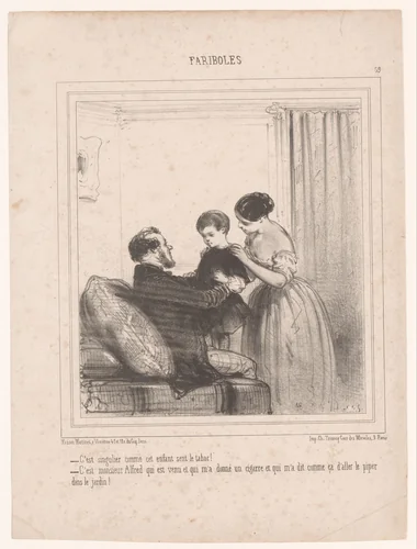 Twee ouders met een kind dat naar tabak ruikt by Edouard de Beaumont, print, 1852