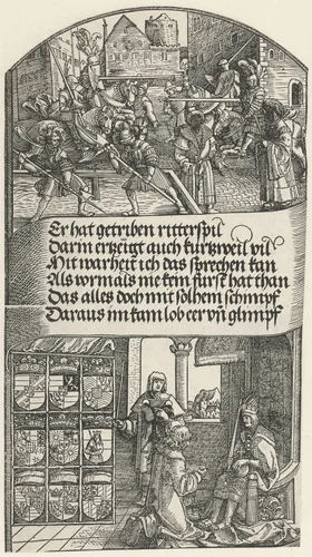 Een steekspel en een bode bij een vorst by Unknown, print, 1515