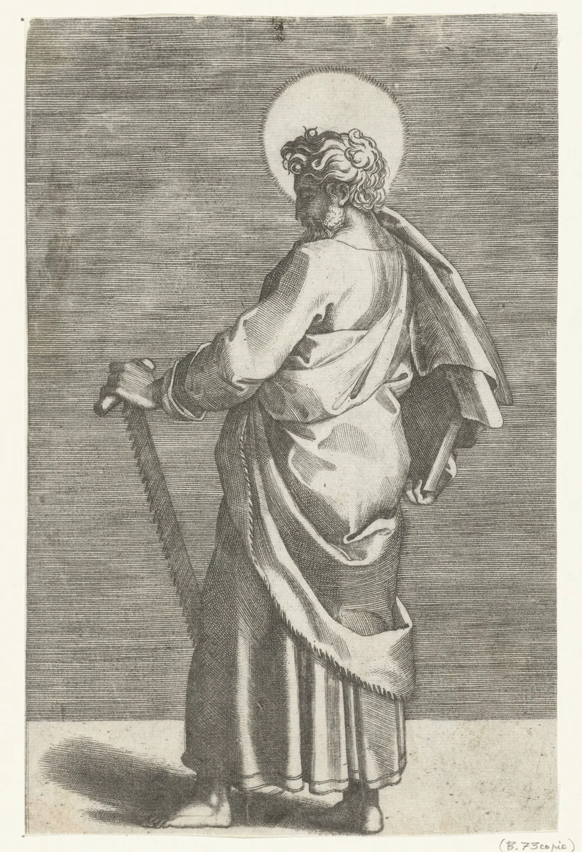 Apostel Simon Zelotes met zaag by Marco Dente, print, 1517-1527