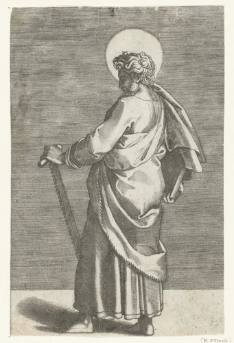 Apostel Simon Zelotes met zaag by Marco Dente, print, 1517-1527