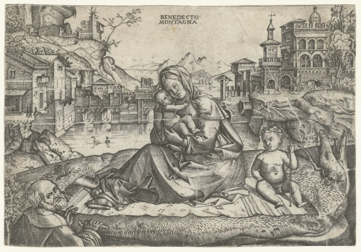 De Heilige Familie met Johannes de Doper in landschap by Unknown, print, 1507-1515