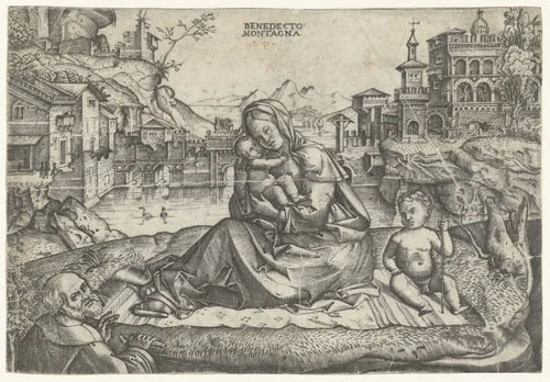 De Heilige Familie met Johannes de Doper in landschap by Unknown, print, 1507-1515