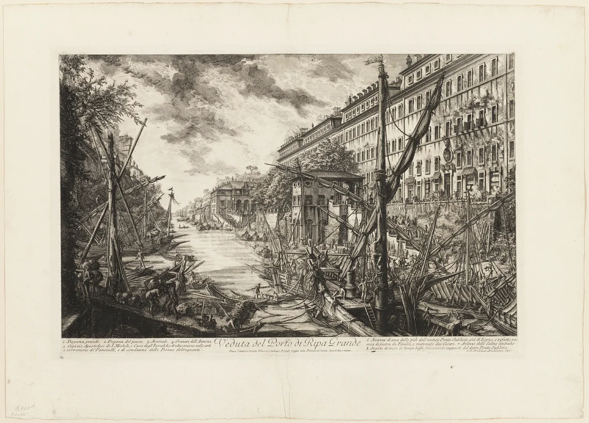 View of the Port of Ripa Grande, from Views of Rome by Giovanni Battista Piranesi, print, 1750-1759
