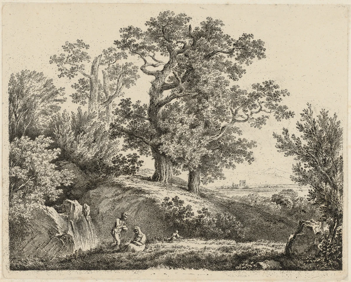Landscape with a Waterfall and a Resting Family by Martin von Molitor, print, 1785-1795