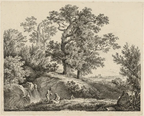 Landscape with a Waterfall and a Resting Family by Martin von Molitor, print, 1785-1795