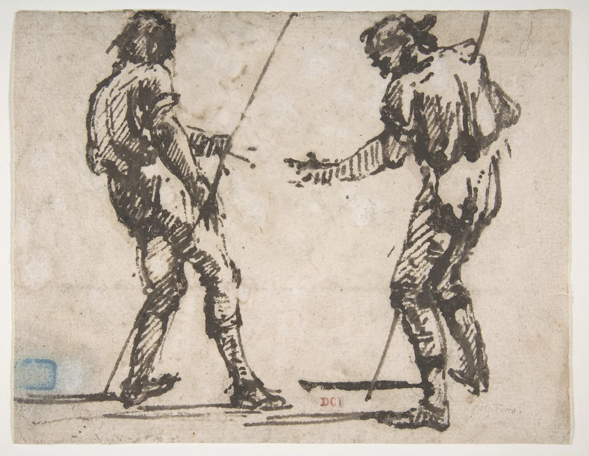 Two Men Holding Long Staffs (recto); Proof impression of part of an etching, and scribbles in the artist's hand (verso) by Giovanni Battista Piranesi, drawing, 1720-1778