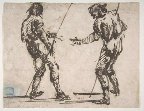 Two Men Holding Long Staffs (recto); Proof impression of part of an etching, and scribbles in the artist's hand (verso) by Giovanni Battista Piranesi, drawing, 1720-1778