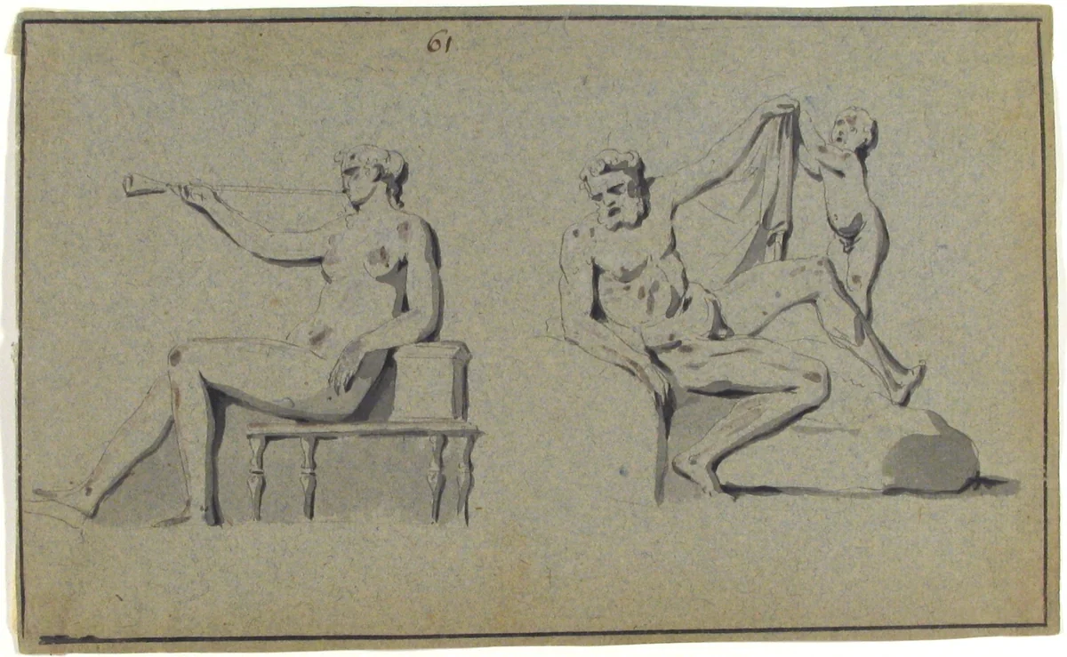 Seated Nude Female with Horn and Seated Nude Male with Cupid by anonymous, drawing, 1700-1799