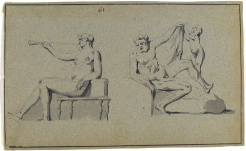 Seated Nude Female with Horn and Seated Nude Male with Cupid by anonymous, drawing, 1700-1799