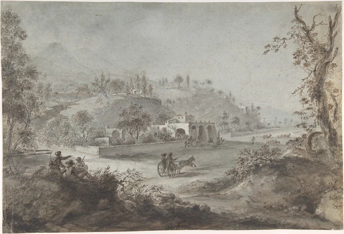 Landscape Prospect with a Buggy and a Herd of Goats by Giuseppe Zocchi, drawing, 1711-1767