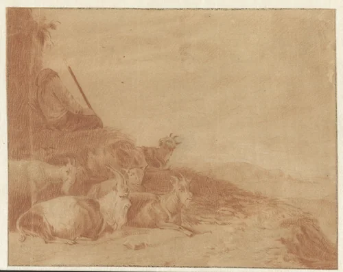 Slapende herder met geiten by Cornelis Saftleven, drawing, 1617-1681