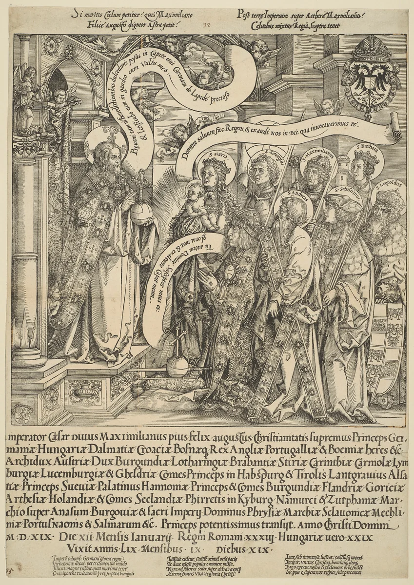The Emperor Maximilian Presented to Christ by His Patron Saints by Hans Springinklee, print, 1519