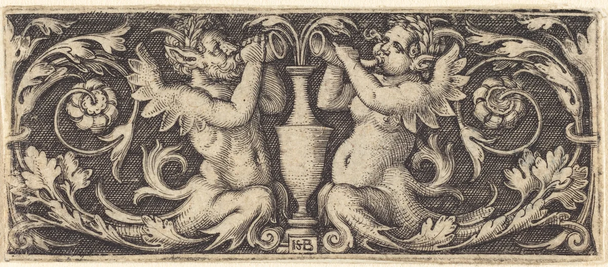 Ornament with a Couple of Tritons Blowing Horns by Sebald Beham, print, 1544