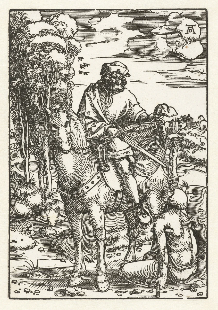 Martinus snijdt stuk van mantel voor bedelaar by Hans Baldung Grien, print, 1505-1507