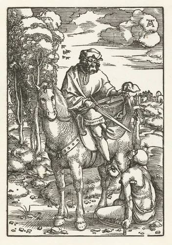 Martinus snijdt stuk van mantel voor bedelaar by Hans Baldung Grien, print, 1505-1507
