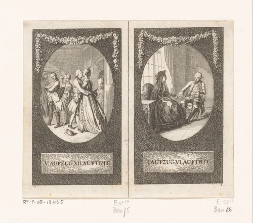 Twee scènes uit Minna von Barnhelm by Daniel Nikolaus Chodowiecki, print, 1769
