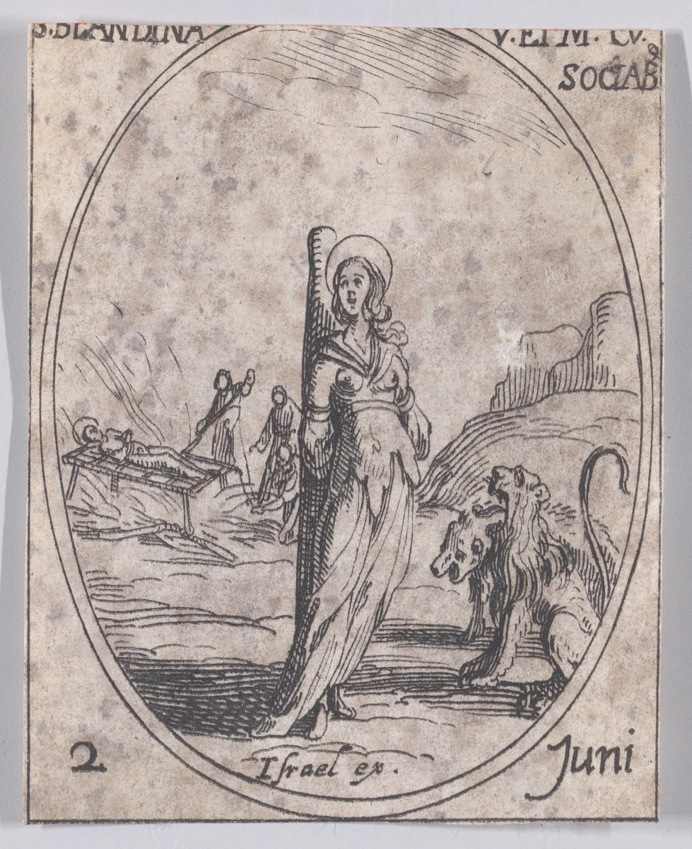 Ste. Blandine et Ses Compagnes (St. Blandina and Her Companions), June 2nd, from "Les Images De Tous Les Saincts et Saintes de L'Année" (Images of All of the Saints and Religious Events of the Year) by Jacques Callot, print, 1636