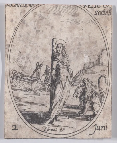 Ste. Blandine et Ses Compagnes (St. Blandina and Her Companions), June 2nd, from "Les Images De Tous Les Saincts et Saintes de L'Année" (Images of All of the Saints and Religious Events of the Year) by Jacques Callot, print, 1636