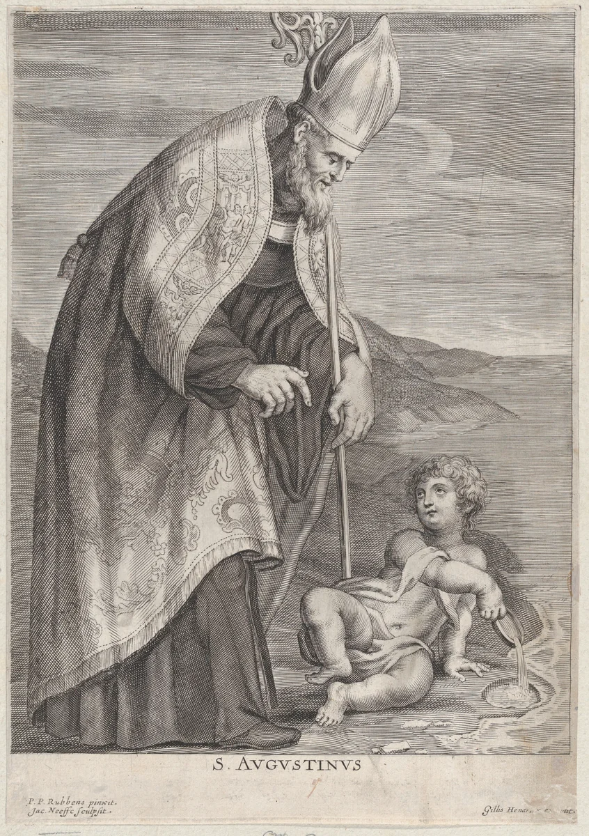 Saint Augustine, appearing to a child on a beach by Jacobus Neefs, print, 1635-1665