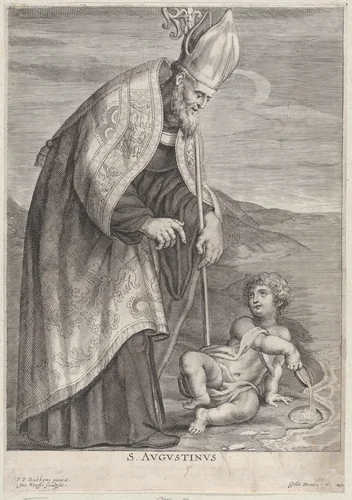 Saint Augustine, appearing to a child on a beach by Jacobus Neefs, print, 1635-1665