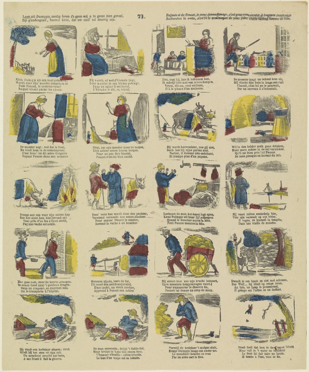 Leert uit Duimpjes aardig leven, ('t geen wij u in prent hier geven : ) / Zijt g'ondeugend, hoewel klein, dat uw eind' zal droevig zijn / Enfants si de Poucet, je vous donne l'image, c'est pour vous exciter à toujours rester sage; / Recherchez la vertu, c'est là le vrai moyen de vous faire chérir de tout homme de bien by Philippus Jacobus Brepols, print, 1800-1833