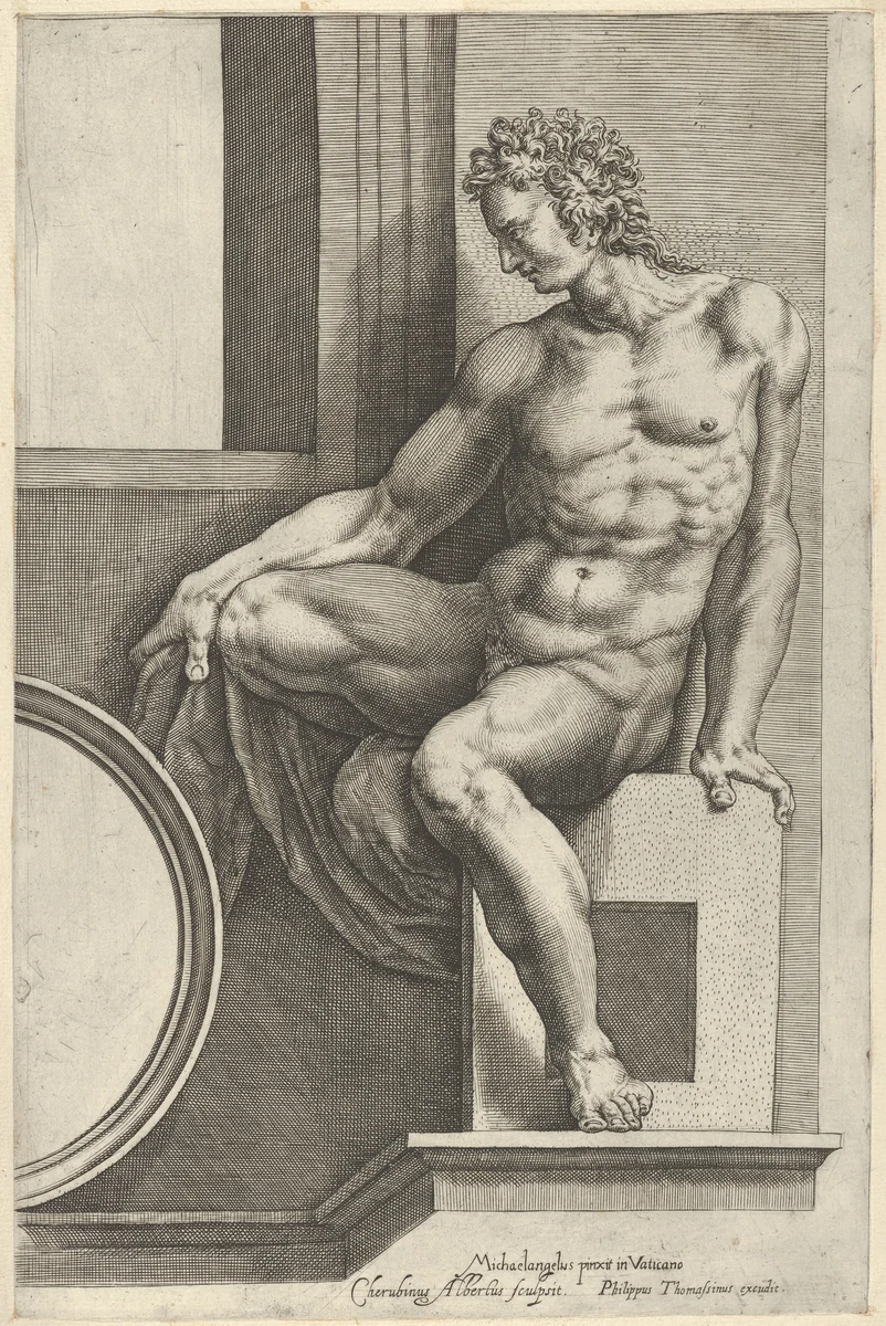 A naked man (Ignudo), seated facing left, holding a piece of fabric, after Michelangelo's 'The Last Judgment' fresco in the Sistine Chapel by Cherubino Alberti, print, 1580-1590