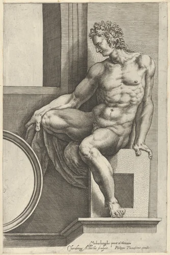 A naked man (Ignudo), seated facing left, holding a piece of fabric, after Michelangelo's 'The Last Judgment' fresco in the Sistine Chapel by Cherubino Alberti, print, 1580-1590